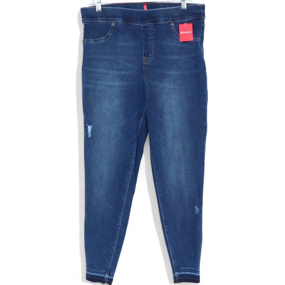 SPANX Distressed Skinny Jeans Size XL Blue Medium Wash Denim Pull On Jeggings - Picture 1 of 7